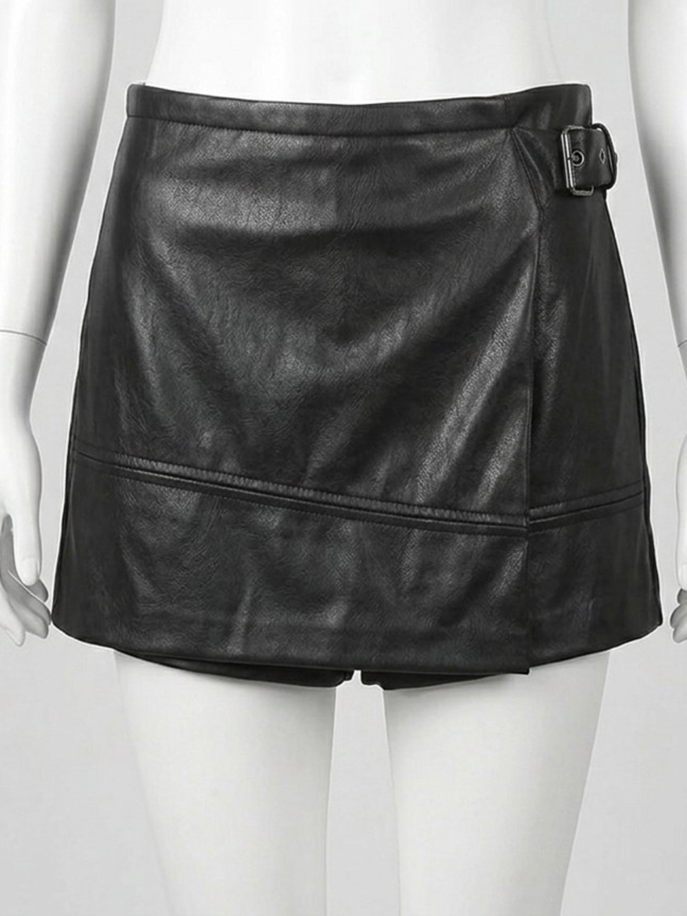 Black Faux Leather Mini Skort with Buckle
